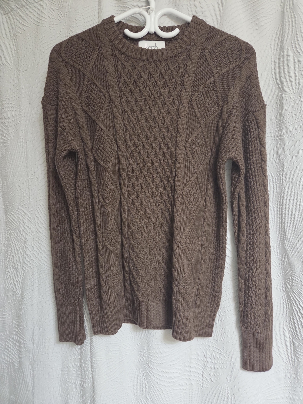 BNWT Kersh Chocolate Brown Cable Knit Crewneck Sweater MERINO WOOL& COTTON.